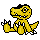 Yellow pixelated dinosaur with black-tipped tail and feet, white teeth, and a single visible eye in various poses