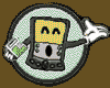 Animated cartoon character with yellow face, black eyes, and open mouth holding green object in left hand while extending right hand forward.