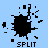 Pixelated black ink splat with scattered fragments on light blue background, labeled 'SPLIT' and 'SPLAT' below.