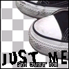 Black and white sneakers with visible rubber soles, text reading "JUST ME" in large pixelated letters below.