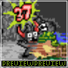 Pixel art of a cartoonish character with red horns and white eyes, holding a green object against a gray background with yellow explosion effects and "37" text above.