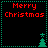 Four identical pixel-art display 'Merry Christmas' text with green tree icons, each bordered by teal dotted lines on a black background