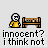 Pixel art animation of a yellow-shirted character with white hair sitting on a brown bench, performing actions while text below reads 'innocent? i think not'.