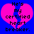 A static image with a blue background featuring two identical pink broken hearts and black pixelated text reading "He's my certified heart breaker.".