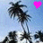 Pixelated palm trees against a light blue sky with a heart symbol changing color.