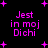 Pixelated text in bright pink on black background with scattered plus signs, showing variations of 'Jest in moj Dichi' across four repeated sections.