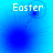 Blue-toned pixelated image with 'Easter' text and a small circular icon connected by dotted lines in four quadrants.