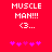 Red background with white pixelated text "MUSCLE MAN!!!" and a heart symbol, featuring animated pink star-like shapes at the bottom.