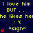 Yellow text on dark blue background repeats 'i love him BUT.. he likes hehe' with red heart and sigh symbols in a pattern