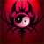 Pixelated icon with red and black color scheme featuring a stylized face with one large eye, a small eye, and a crown-like shape above the head.