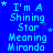 Blue background with light blue text reading "I'm A Shining Star Meaning Miranda" repeated in a , each instance featuring small white stars and varying star placement
