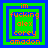 Four identical pixelated icons arranged in a , each with layered green and blue borders surrounding orange text reading 'im fucking alex corey amadon'