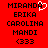 Red background displays two identical vertical of pixelated text with a white heart symbol replacing the 'O' in MIRANDA on the left