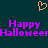 A dark teal background features a pixelated orange heart symbol above overlapping purple text reading "Happy Halloween" in two layers.