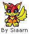 Pixel art character with red head, blue eyes, yellow wings and feet, orange torso, black eye patches in some frames, standing on white background with text "By Siaarn" below.