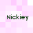 Four identical text-based icons arranged in a on a pink and white checkered background, each displaying the word 'Nickiey' in dark green pixelated font