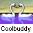 Animated contact sheet showing six frames of a swan-themed buddy icon with heart-shaped neck poses and repeated "Coolbuddy" text across two rows.