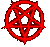 Red pentagram symbols in various shapes and orientations on a gray background, including circular, oval, and vertical forms.