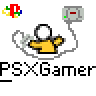 A static contact sheet of a pixel art buddy icon featuring a yellow stick figure with white head, PlayStation logo, and text elements on gray background.