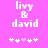 Pixelated text 'livy & david' on bright pink background with white and light purple symbols below.