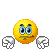 Yellow circular face with blue eyes and various expressions, surrounded by white hand-shaped icons on gray background.