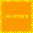 A static pixel art with four identical quadrants, each containing the word "Avatars" in yellow text on an orange background bordered by a yellow square pattern