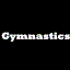 Static pixelated image of the word "Gymnastics" in white text with multicolored dithering on a black background, rendered at 64x64 pixels with visible compression artifacts and color bleeding between letters.