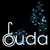 Pixelated text 'buda' with blue particle effects above, on black background with gray corner.