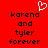 Red background with black pixelated text reading 'karena and tyler forever' and a white pixelated heart symbol above the text.