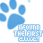 Blue paw prints and repeating text "I FOUND THE FIRST" in light blue pixelated font on white background with small heart accents.