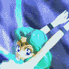 Pixelated anime-style character with teal hair and blue eyes performs a magical attack, emitting a large light-blue sphere from outstretched hands against a dark purple background.