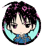 Chibi-style character with black hair and blue outfit, surrounded by pink sparkles and heart symbols in circular frame.