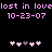 Pixelated text and heart symbols on a black background with pink and gray elements.