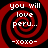 Four identical red and black spiral patterns with white text reading "you will love peru... -xoxo-" arranged in a on a black background