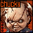 Pixelated image of a doll-like character with brown hair and blue eyes, wearing a dark shirt against an orange background