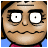 Pixelated cartoon face with exaggerated features, wide eyes, and a wavy mouth on blue background.