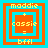 Four identical pixelated icons arranged in a , each displaying layered orange and cyan squares with yellow text reading 'maddie', '+', 'cassie', '=', 'bffl'