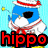 Pixelated blue hippo with black eyes and white snout wears red-and-white striped sailor hat, scarf, and bow; yellow feet visible against light blue background.