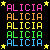 A static digital composition displays the name 'ALICIA' repeated in a pattern with alternating colors and yellow stars at corners