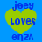 Blue background with four identical yellow heart shapes, each containing blue text reading "joey loves enza" in pixelated font.
