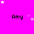 A bright pink background with scattered white and light pink stars, featuring repeated black text 'Amy' in a pixelated font across the