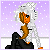 Pixel art animation of a character with white hair and orange skin sitting on black fabric against a purple snow background, repeating 'snow! snow! snow!' text.