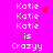 Bright pink background with white pixelated text reading "Katie" repeated three times, "is" once, and "Crazyy" twice, accompanied by red heart and starburst symbols.