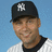 Pixelated image of a person in a black cap with white NY logo, white pinstripe jersey, and black collar, with blue and gray background sections containing text.