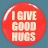 Red circular icons with 'I GIVE GOOD HUGS' text and small pink hearts on a blue background.