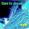 Pixelated blue and cyan wave with a dolphin leaping, green text 'Dare to dream' at top, yellow stars at bottom right.