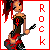 Pixel art contact sheet showing two frames of a female character with red hair holding a guitar, standing next to vertical "ROCK" text on a white background with red border.