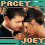 Animated sequence showing two people kissing with text labels 'PACET' and 'JOEY' on teal bars above and below the image.