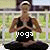 Animated contact sheet showing six frames of a woman in yoga pose with changing text overlays on a grid background.
