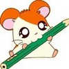 A cartoon hamster with orange fur on its head and white fur on its face holds a large green pencil diagonally across its body.